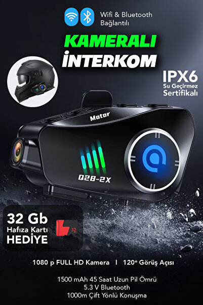 mimtec Q28 1000m Kameralı İnterkom - Bluetooth 5.3 Su Geçirmez Motosiklet Kas...