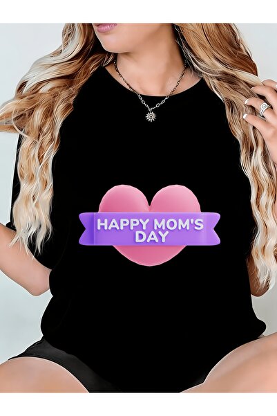 Ekim11 تي شيرت نسائي Happy Moms Pink Heart Purple Banner ذو رقبة دائرية مريحة...