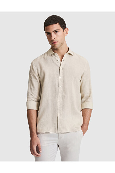 Pierre Cardin Beige 100% Linen Regular Fit Long Sleeve Shirt 50320945-Vr011