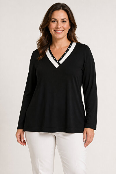 bihan store Women's V-Neck Ribbed Long Sleeve Combed Cotton Blouse Y26-650-Black