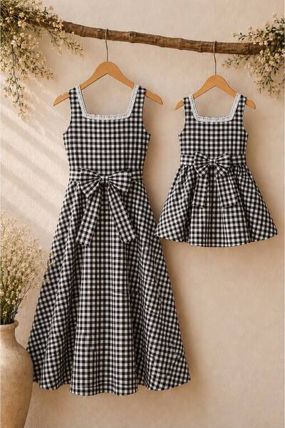 KÜÇÜĞÜM BUTİK Black Gingham Square Collar Women's Dress and Girls' Black Ging...