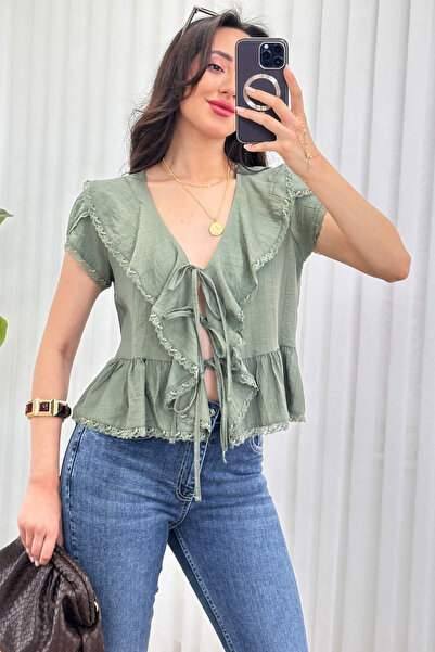 Clothes Fast Women's Ruffle Tie V-Neck Summer Blouse Short Sleeve Flounce Loo...