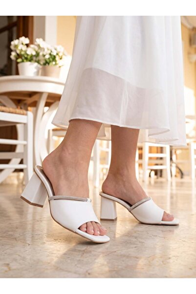 Nesil Shoes Senyo 076 White Summer Heeled Women's Slippers