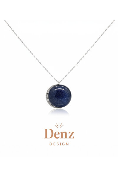 925 Ayar Gümüş, Black GoldStone ve Zirkon Taşlı Moon Kolye