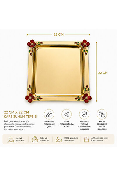 Turkco Luxury Floral Motif Gold Square Presentation Tray 22X22 cm Promise Eng...