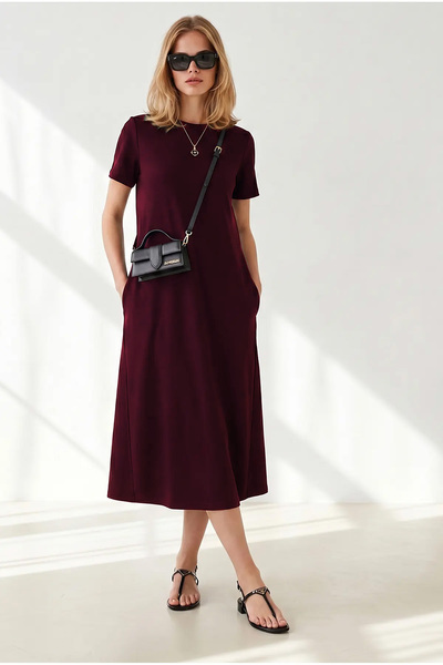 Olalook Women's Burgundy Crew Neck Pocketed Modal Buttoned Flowy Dress Elb-19...