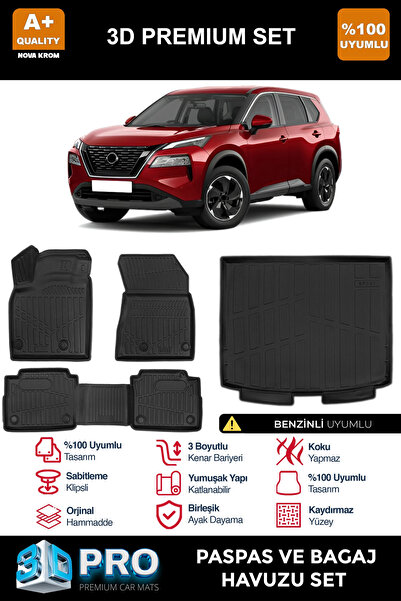 Nissan X-Trail Benzinli 3D Pro Havuzlu Paspas ve Bagaj Havuzu Seti (2'li SET) 2022 Üzeri