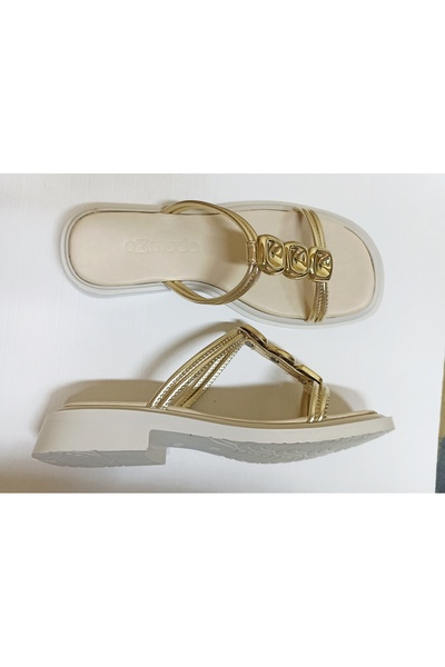 ezmoda Ecru Gold 3 Buckle Sandals Slippers