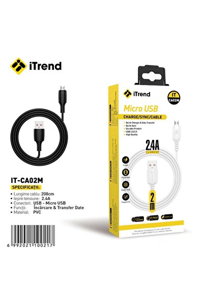 itrend Cablu USB-A la Micro USB iTrend, 2 m, Încărcare Rapidă 2.4A, PVC, Negru