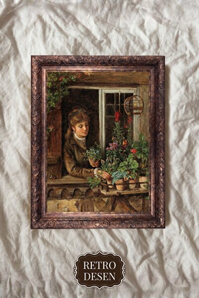 Retro Desen Pencere Önünde Çiçekli Kadın Sanat Tablosu (00253)