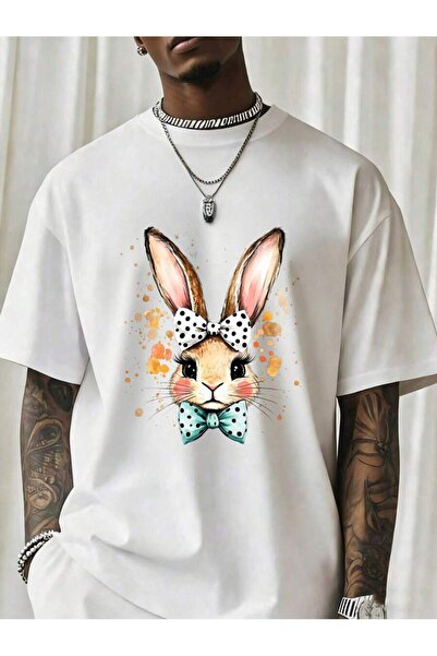 NOURAM Cute Bunny Rabbit With Bow Tie Polka Dots Design Black T-Shirt Men Fas...