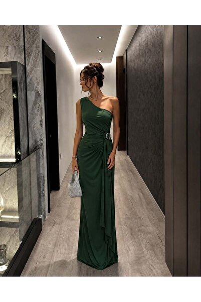 Modafeminen Emerald One-Shoulder Draped Long Evening Dress with Buckle Access...
