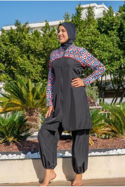 Ruko Maio Women's Long Sleeve Patterned Robe Zippered Black Hijab Swimsuit C7...