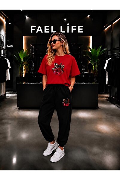 FAEL LİFE Unisex Wide-Let T-Shirt and Sweatpants Set with Cherry Ribbon Print