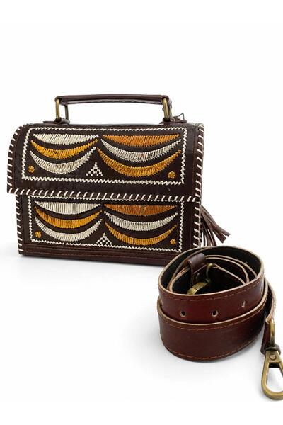 Kanyaka Indian Handcrafted Ajarakh Jari Leather Bag