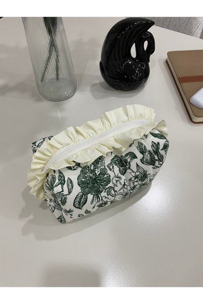 GÖKDAĞ BEDDING Vintage Green Leaf Patterned Makeup Bag – Fabric Cosmetic Organizer