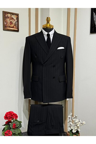 ELVENTİNO Slim Fit Geniş Yaka Çizgili Kruvaze Takım Elbise