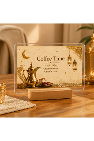 Bleco Eid Mubarak Acrylic Tabletop Sign with Wooden Base, Transparent Crescen...