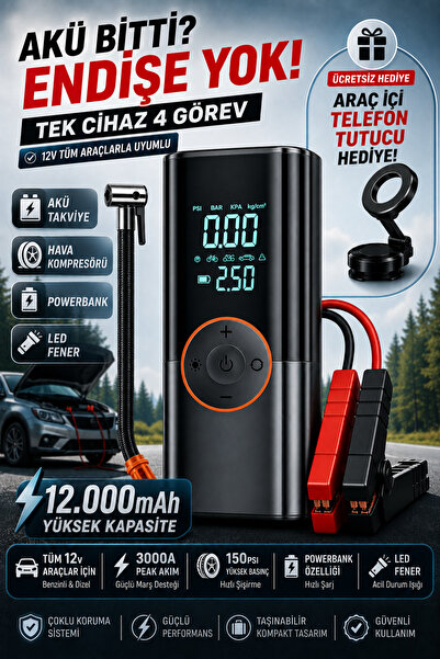 Zineets Akü Takviye Cihazı Orjinal 12.000 mAh | 4'ü 1 Arada Hava Kompresörü |...