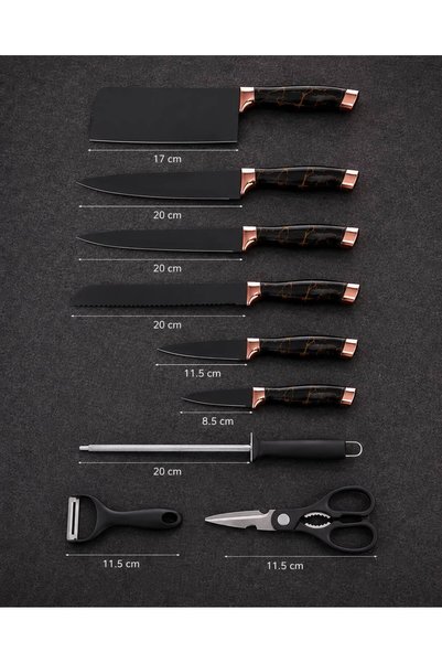 OEM Set Cuțite Bucatarie 9 Piese, Otel Inoxidabil, Suport Rotativ, Negru Auriu