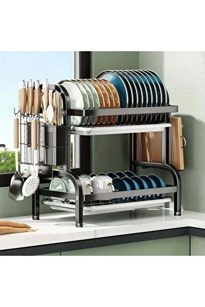 Generic Three Tier Black Dish Drying Rack Large Capacity With Removable Utens...