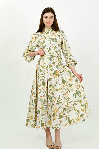 TANISA Green Lavinya Floral Patterned Belted Long Sleeve Dress