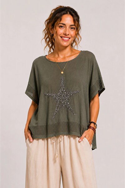 MetuCA Women's Khaki Linen Sequin Star Detailed Bohemian Loose Mercerized Blouse