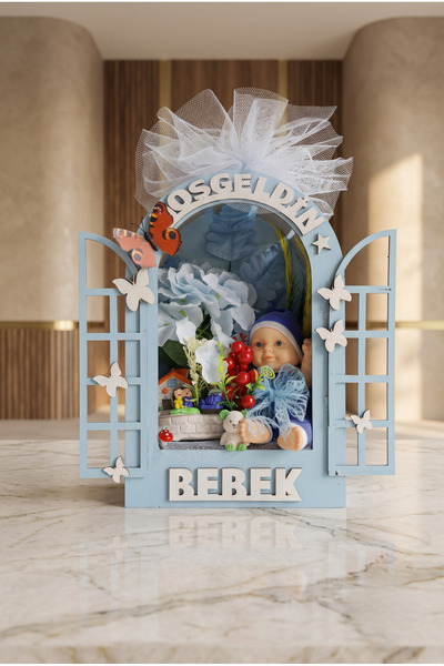 Mavi Masal Ahşap Pencereli Hoşgeldin Bebek Panosu