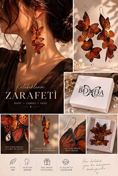 Gümüş Küpe Kadın Sallantılı Kelebek 925 Ayar | LadyBonda -Sunset Monarch