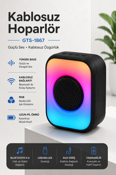 Yenilig Bluetooth Hoparlör Kablosuz Taşınabilir RGB Işıklı Wireless Speaker G...