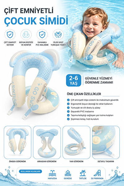 BigsToy ToyFlyer Boyun Destekli Çocuk Yüzme Simidi – Kendinden Şişme Mavi 2-6...