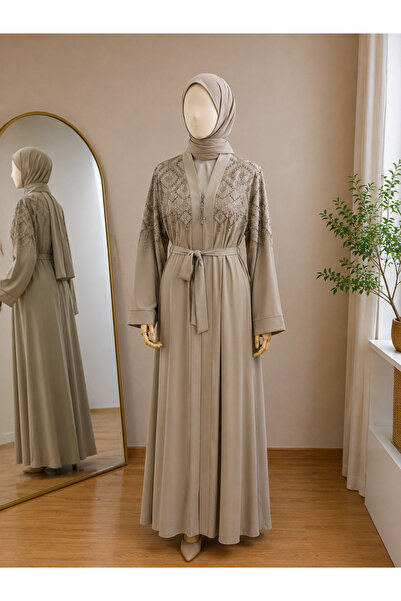 BNGL Boutique İşlemeli Kemerli Abaya – Vizon Medine ipeği kumaş