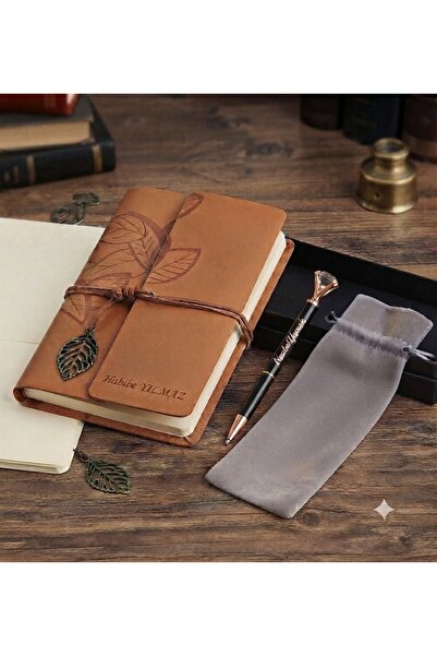 C&On Design İsme Özel Tasarım Yaprak Desenli Deri Defter ve Taşlı Kalem Hediy...