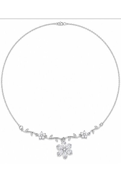 Mervişim Aksesuar Sapphire Zircon Stone Silver Color Sakura Flower Steel Neck...