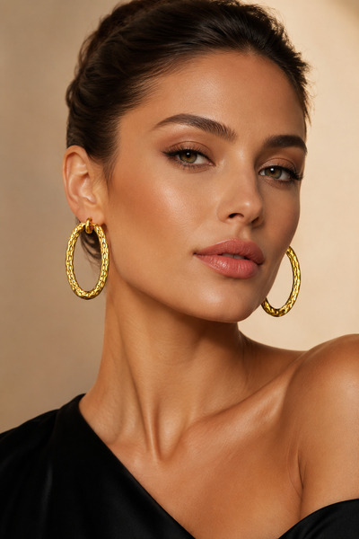 Others 18K Gold Plated Stainless Steel Hammered Oval Hoop Earrings for Women ...