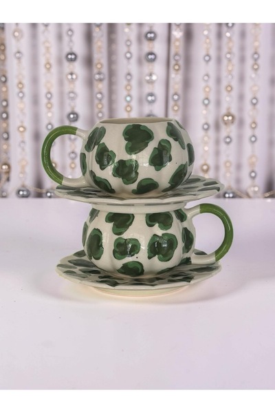 Çiporcal Kabak kupa yeşilim 2li tabaklı kupa seti el dekoru seramik mug