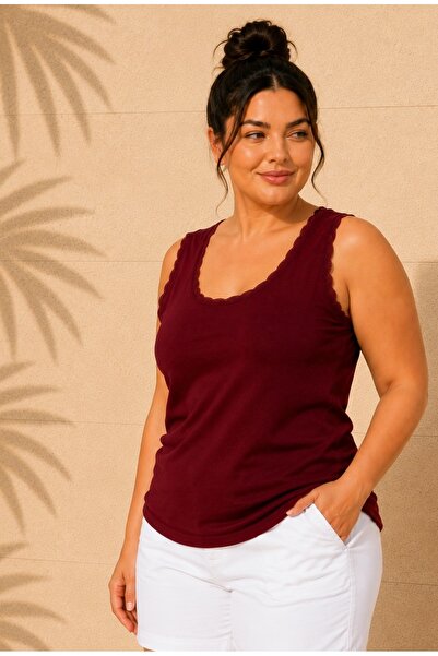 FOR ESRA BIG TREND Women's Plus Size Square Neck Lace Detail Thick Strap Slee...
