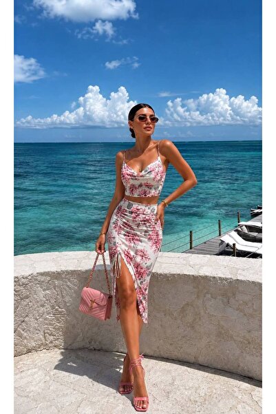 Miss Beyoğlu Women's Digital Print Slit Skirt and Blouse Double Set with Draw...