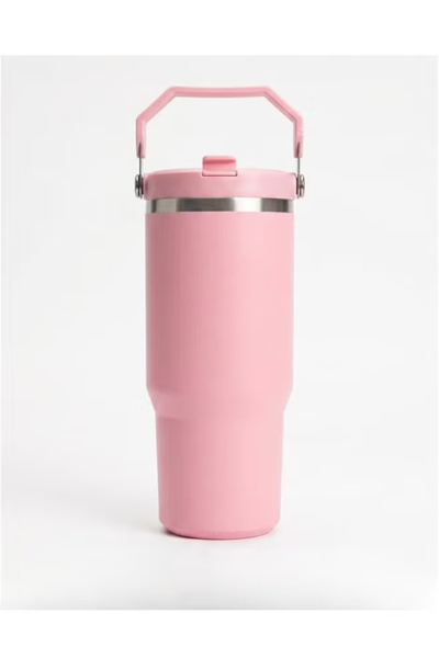 Generic 30 oz Pink Insulated Stainless Steel Travel Tumbler with Handle & Fli...
