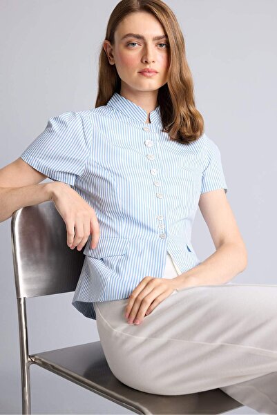 DeFacto 100% Cotton Fitted High Collar Striped Poplin Short Sleeve Blue Shirt...