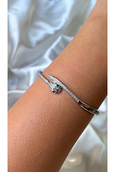 Eylülün Takısı Women's Silver Color Stone Snake Model Handcuff Bracelet