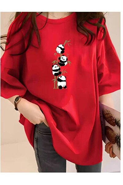 JANTIL MODA Crew Neck Bamboo Tree Panda Printed Tunic T-Shirt Short Sleeve