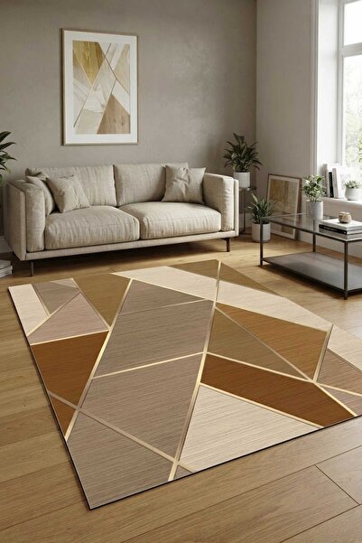 Qatalina Modern Geometrik Bej Kahve Kaymaz Taban Dijital Baskı Salon Oturma O...