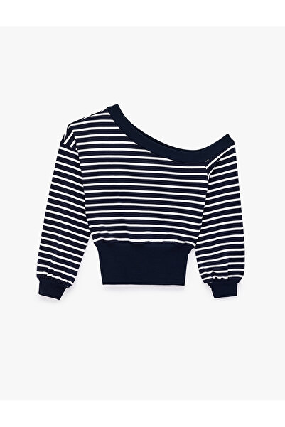 Koton Comfortable Fit Boat Neck Long Sleeve Striped Crop Sweatshirt