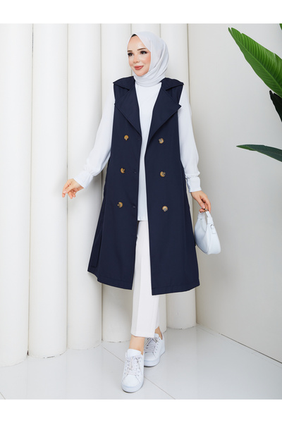 RACE FASHİON Women's Double-Breasted Buttoned Belted Long Vest Rc3150