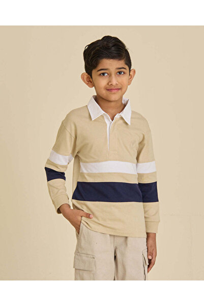 REDTAG Boys Beige Paneled Rugby Polo