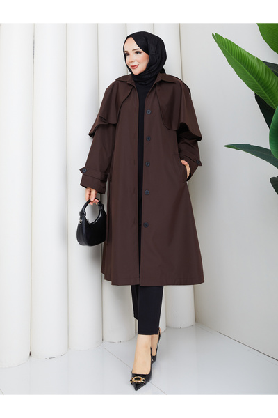 RACE FASHİON Cape-Covered Buttoned Belted Hijab Trench Coat Rc3142
