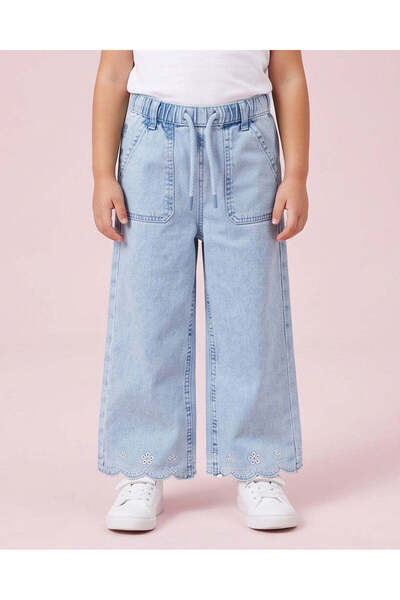 REDTAG Girls Light Wash Scalloped Embroidered Trousers
