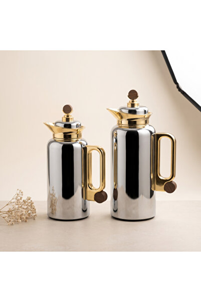 Alakhmas Steel Coffee Dallah Set with Gold Accents and Modern Design with Ele...