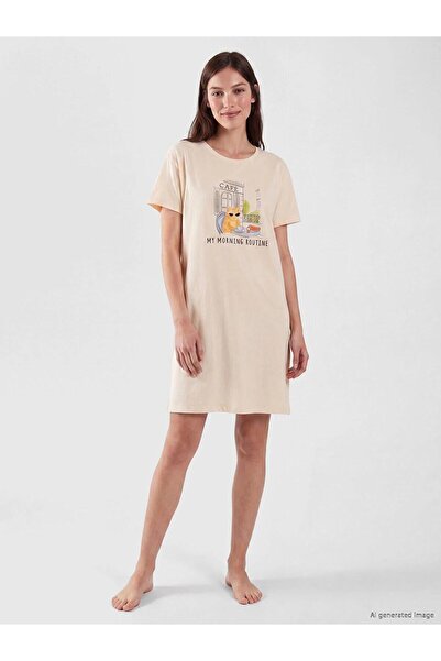 LC Waikiki Crew Neck Cat Printed Women's Nightgown (W6)